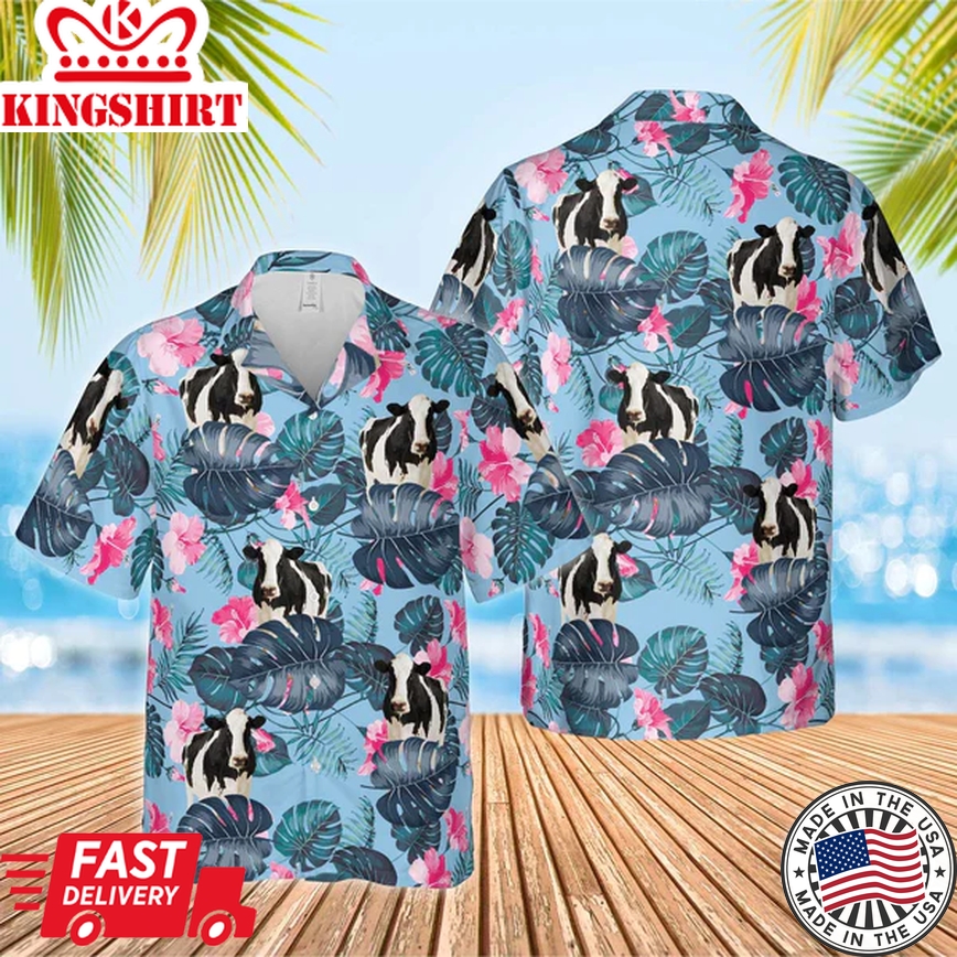 Holstein Blue Hibiscus Trendy Hawaiian Shirt, Farm Cow Trendy Hawaiian Shirt For Men And Women