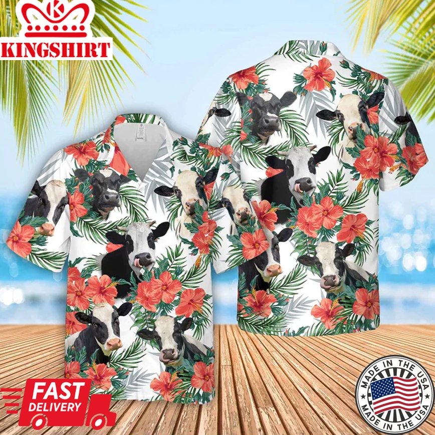 Holstein Cow No Horn Hawaiian Flowers Trendy Hawaiian Shirt, Gift For Farm Clothing, Summer Gift For Men And Women