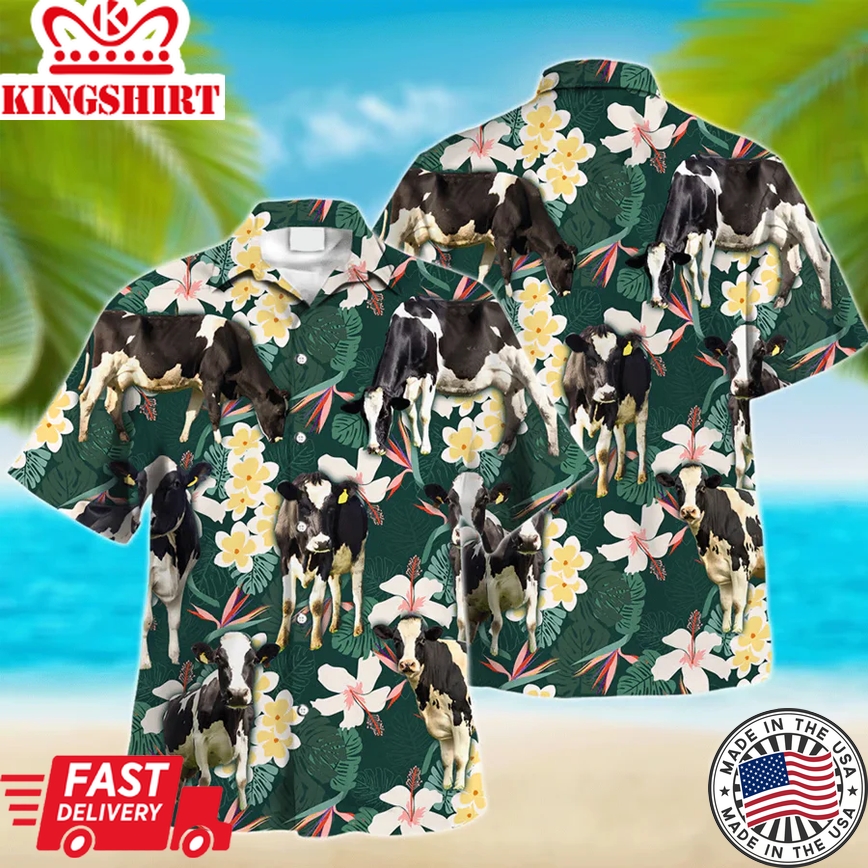 Holstein Cow Trendy Hawaiian Shirt, Farm Lover Hawaii Shirt, Trendy Hawaiian Shirt Men, Hawaiian Casual Button Down Shirt