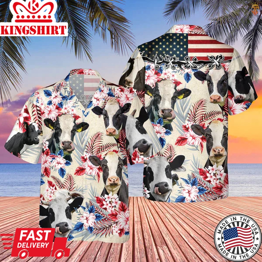 Holstein Friesian Cattle American Flag Hawaiian Flowers Trendy Hawaiian Shirt, Farm Cow Trendy Hawaiian Shirt For Men And Women