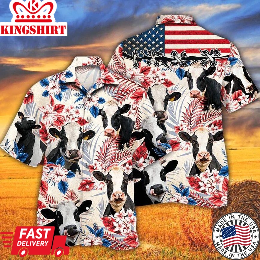 Holstein Friesian Cattle Lovers American Flag Hawaiian Shirt, Cow Hawaiian Shirt Vintage, Hawaiian Shirt For Men And Women