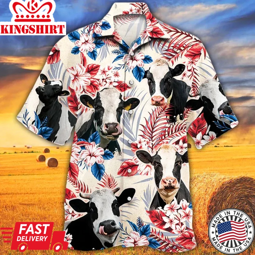 Holstein Friesian Cattle Lovers American Flag Trendy Hawaiian Shirt, Cow Aloha Trendy Hawaiian Shirt, Cow Trendy Hawaiian Shirt Vintage, Trendy Hawaiian Shirt Men