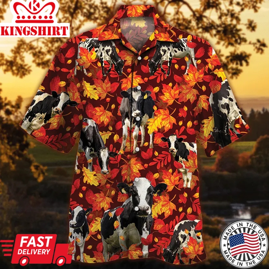 Holstein Friesian Cattle Lovers Autumn Red Leaves Trendy Hawaiian Shirt, Cow Trendy Hawaiian Shirt For Summer Gifts