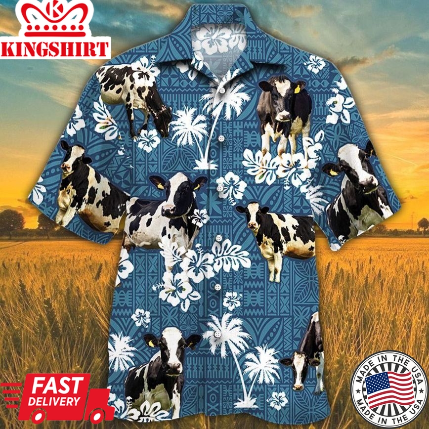 Holstein Friesian Cattle Lovers Blue Tribal Trendy Hawaiian Shirt, Cow Trendy Hawaiian Shirt For Summer Gifts