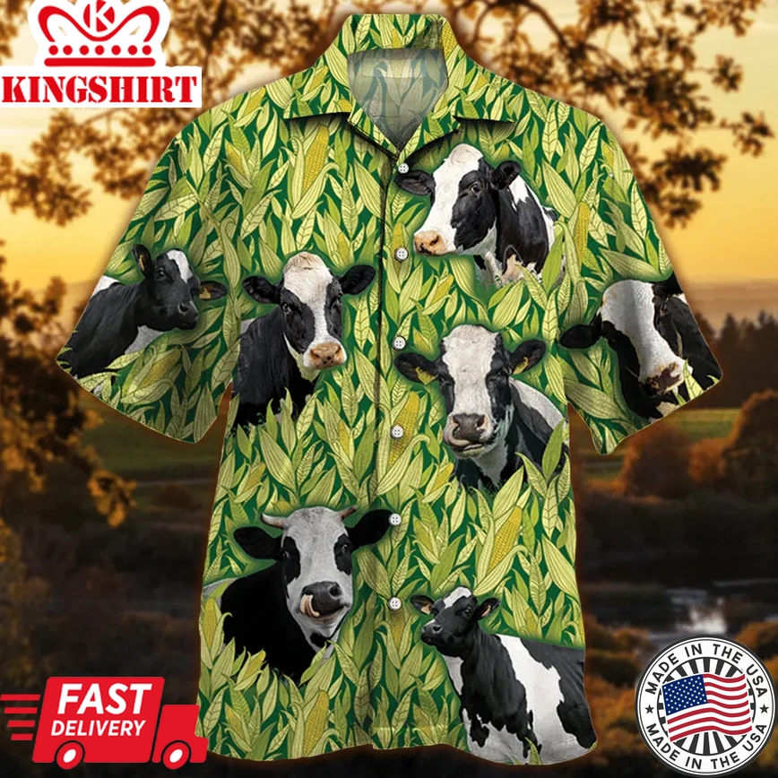 Holstein Friesian Cattle Lovers Corn Pattern Trendy Hawaiian Shirt, Cow Trendy Hawaiian Shirt For Summer Gifts