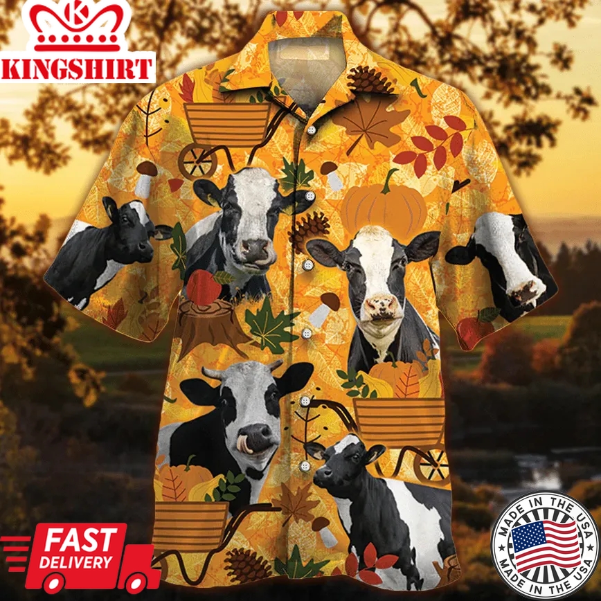 Holstein Friesian Cattle Lovers Orange Nature Autumn Trendy Hawaiian Shirt, Cow Trendy Hawaiian Shirt For Summer Gifts