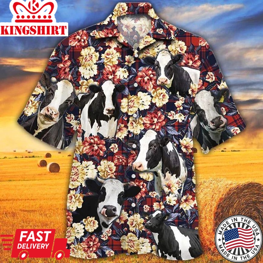 Holstein Friesian Cattle Lovers Red Plaid Pattern Hawaiian Shirt Men, Cow Hawaiian Shirt, Summer Hawaiian Shirt, Animal Shirt