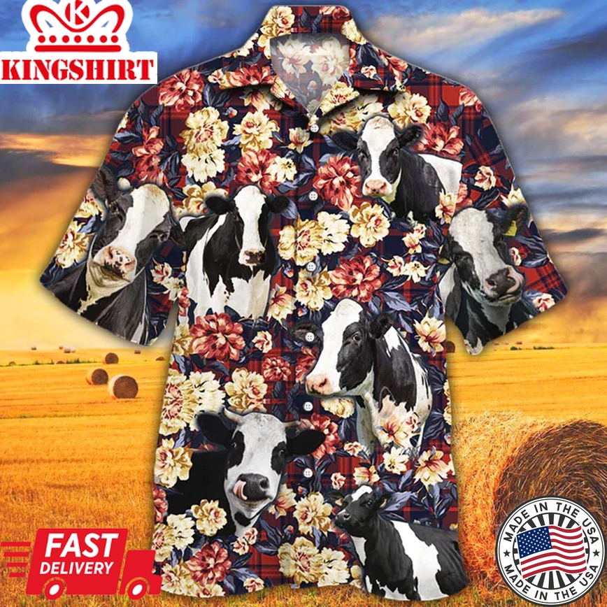 Holstein Friesian Cattle Lovers Red Plaid Pattern Trendy Hawaiian Shirt Men, Cow Trendy Hawaiian Shirt, Summer Trendy Hawaiian Shirt, Animal Shirt