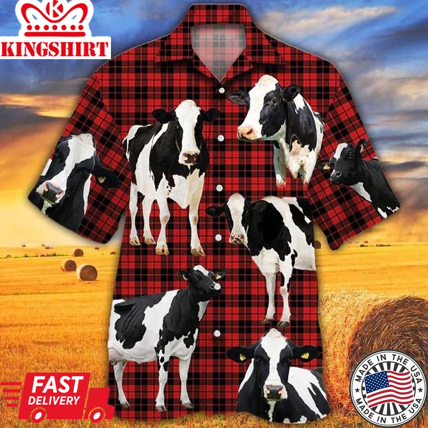 Holstein Friesian Cattle Lovers Red Tartan Pattern Hawaiian Shirt- Animal Hawaiian Shirt, Cow Aloha Shirt, Gift For Cow Lovers