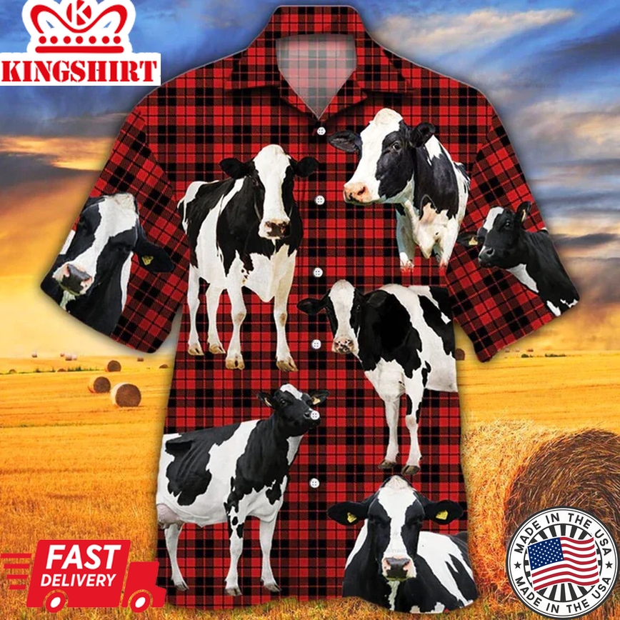 Holstein Friesian Cattle Lovers Red Tartan Pattern Trendy Hawaiian Shirt- Animal Trendy Hawaiian Shirt, Cow Aloha Shirt, Gift For Cow Lovers