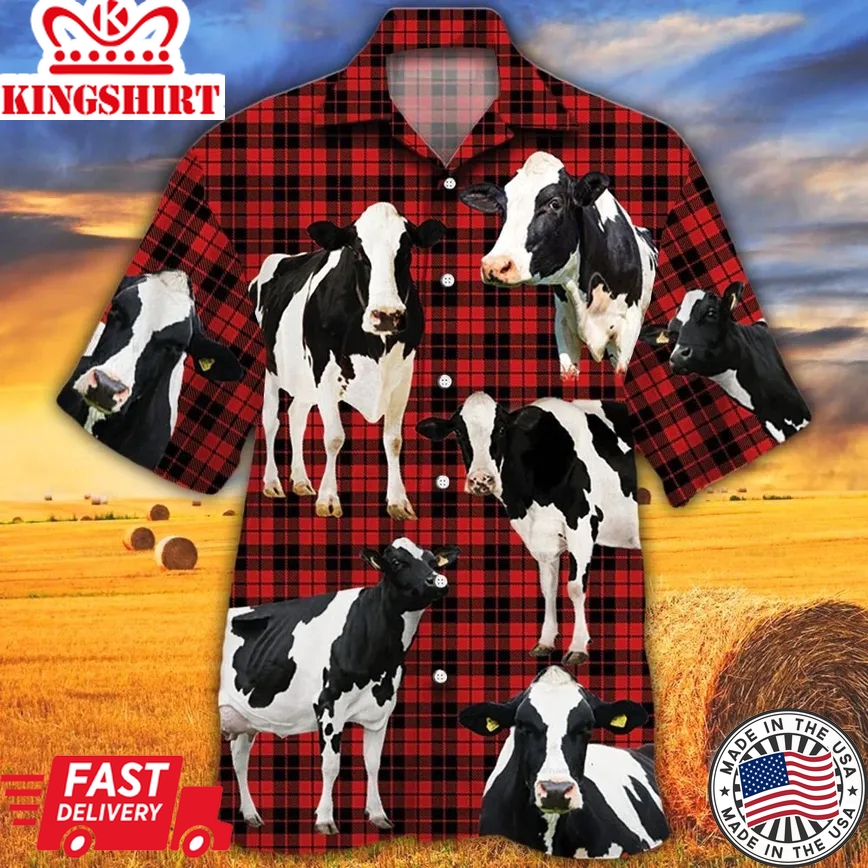 Holstein Friesian Cattle Lovers Red Tartan Pattern Trendy Hawaiian Shirt, Cow Trendy Hawaiian Shirt For Summer Gifts