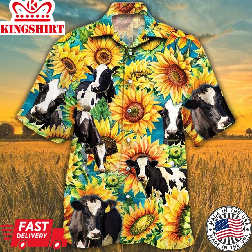 Holstein Friesian Cattle Lovers Sunflower Watercolor Trendy Hawaiian Shirt, Cow Trendy Hawaiian Shirt For Summer Gifts