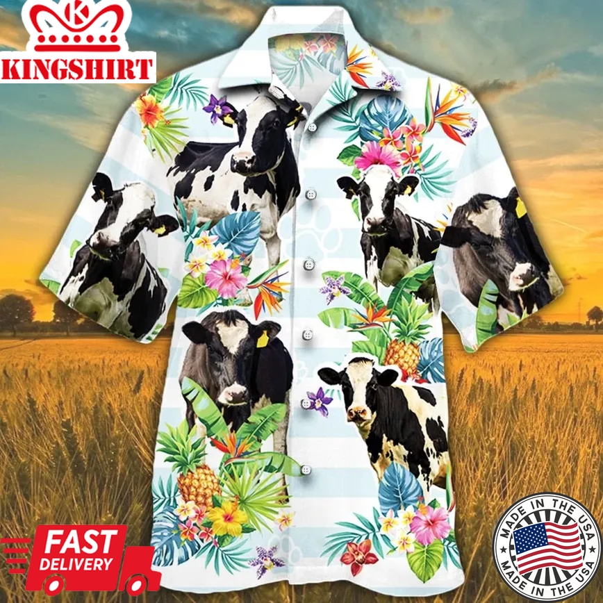 Holstein Friesian Cattle Lovers Tropical Flower Trendy Hawaiian Shirt, Cow Trendy Hawaiian Shirt For Summer Gifts