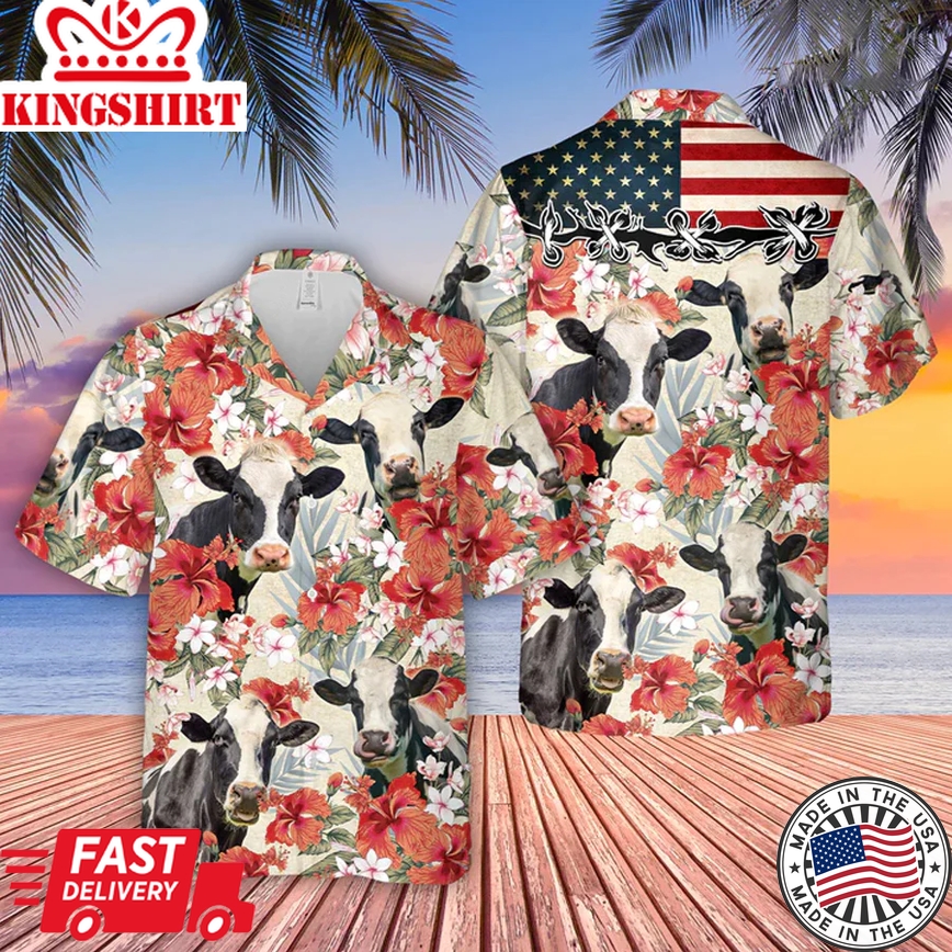 Holstein Hibicus Floral Us Flag 3D Trendy Hawaiian Shirt