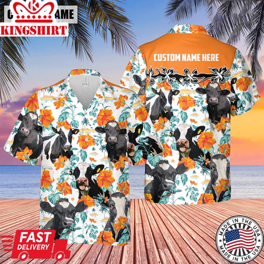 Holstein Hibiscus Floral Custom Name 3D Trendy Hawaiian Shirt, Summer Gifts For Men And Women