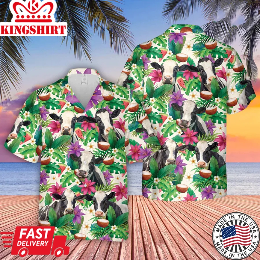 Holstein Summer Floral 3D Trendy Hawaiian Shirt, Farm Lover Hawaii Shirt, Hawaiian Casual Button Down Shirt