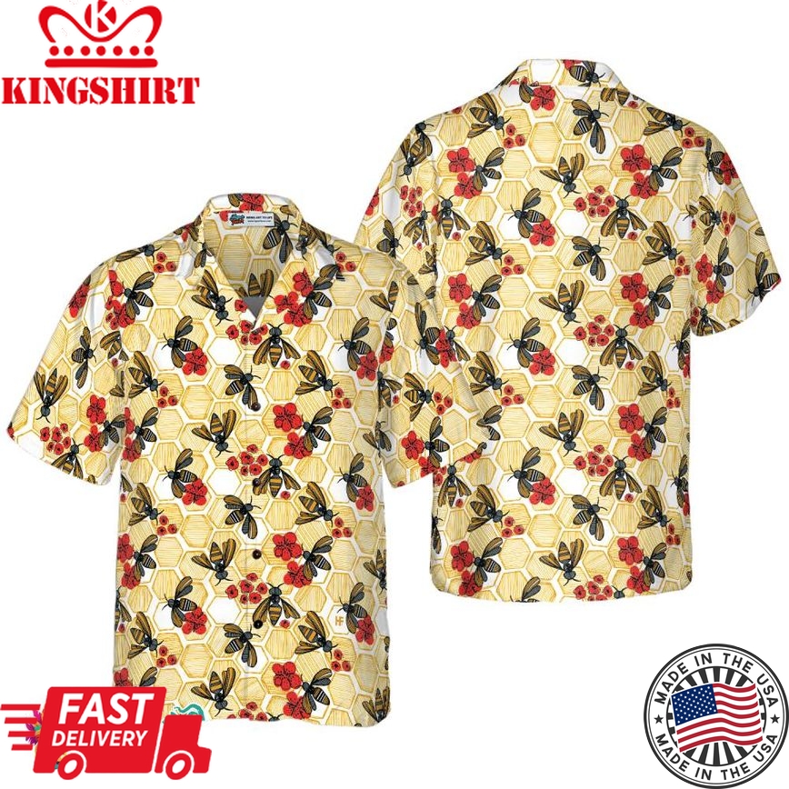 Honey Bee Hexagon Hawaiian Shirt