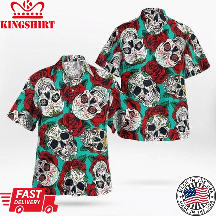 Horror Roses Skull On Mint Background Trendy Hawaiian Shirt