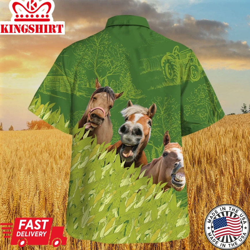 Horse Farm Corn Pattern Trendy Hawaiian Shirt, Horse Trendy Hawaiian Shirt, Summer Trendy Hawaiian Shirt For Men And Women