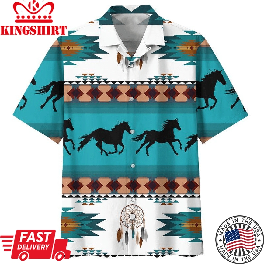 Horse Hawaii Shirt Native Horse Tribal Dreamcatcher Pattern Blue Hawaiian Aloha Shirt