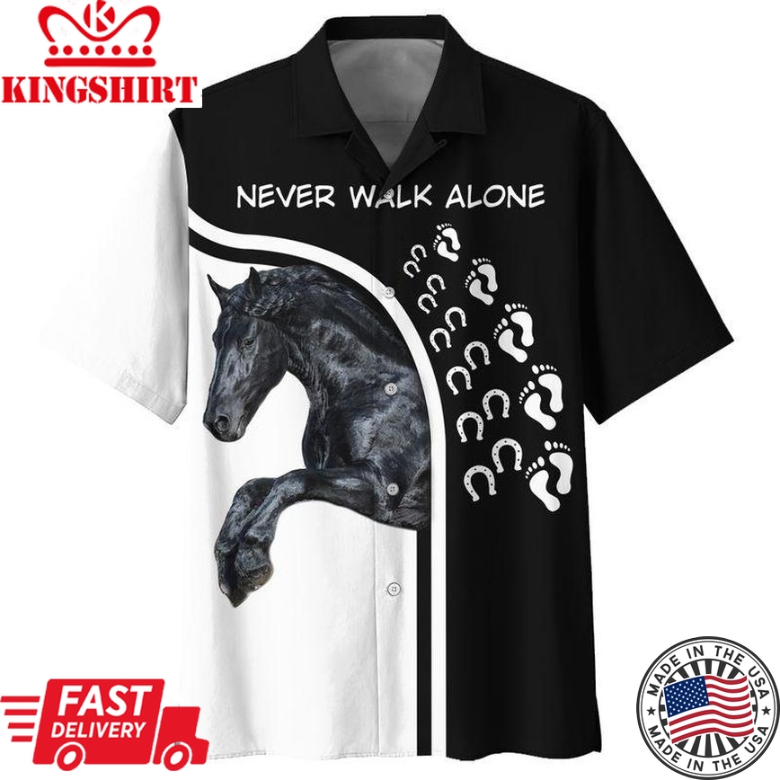 Horse Hawaiian Shirt Black Horse Never Walk Alone Horseshoes Footprints Black Hawaii Aloha Shirt