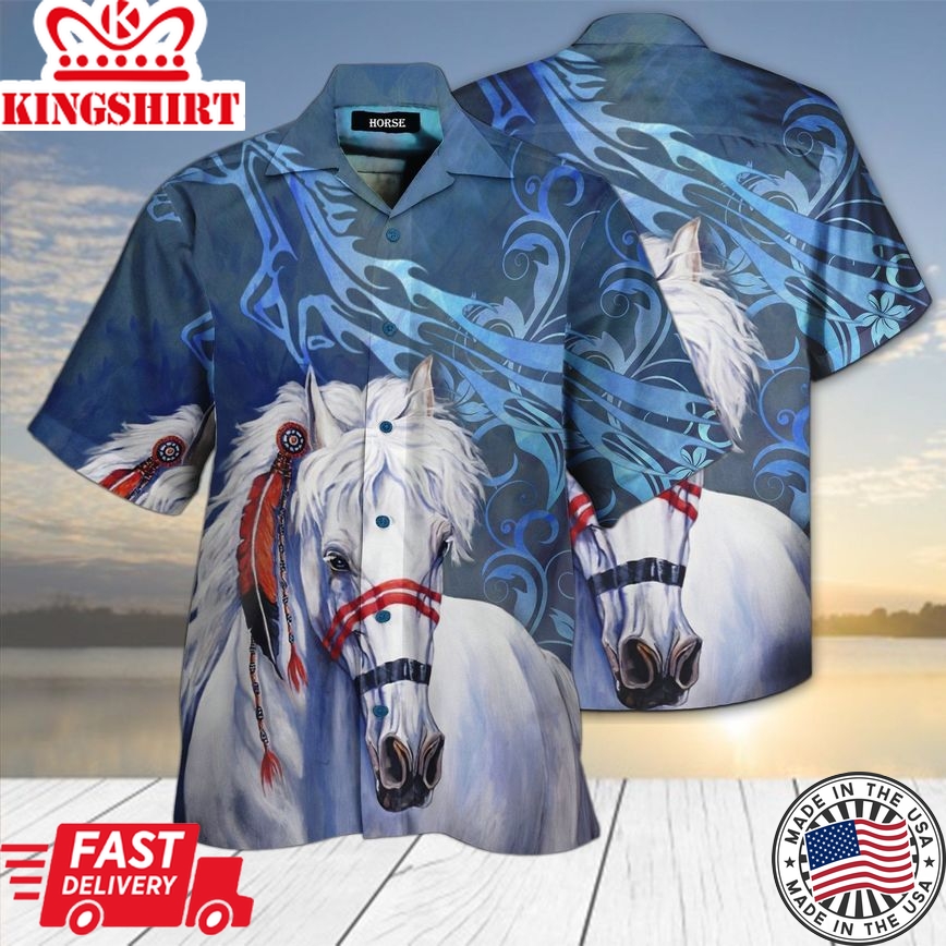 Horse Hawaiian Shirt Native American White Horse Blue Hawaii Shirt For Girls Horse Lover Aloha Shirt