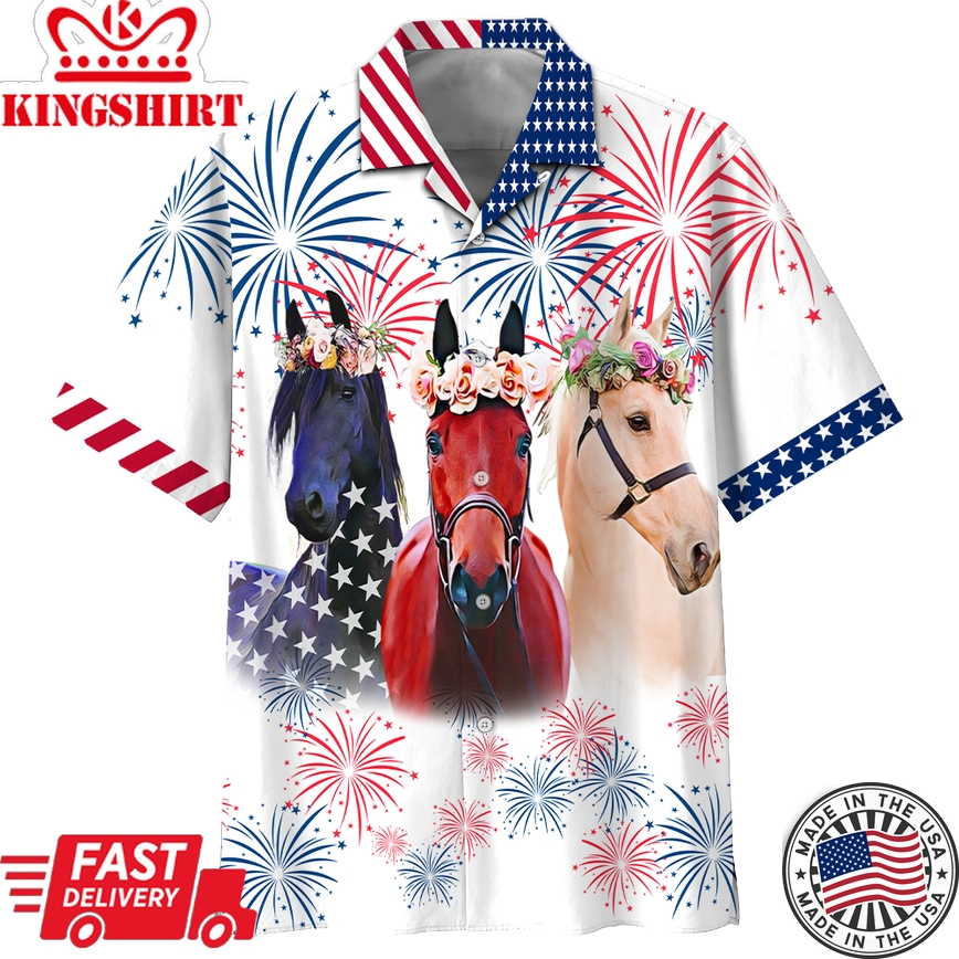 Horse Hawaiian Shirt Three Horses American Flag Fireworks Horse Lover Hawaii Aloha Shirt