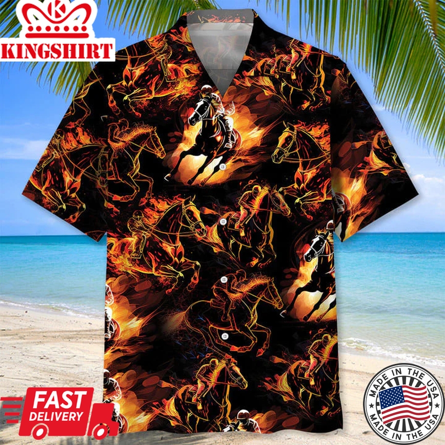 Horse Racing Fire Trendy Hawaiian Shirt, Men's Unisex Summer Beach Casual Short Sleeve Summer Vacation Beach Shirts