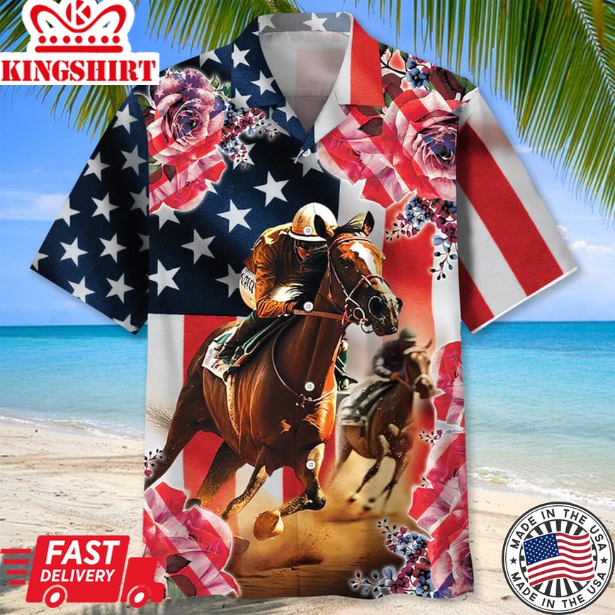 Horse Racing Rose American Flag Trendy Hawaiian Shirt For Men And Women