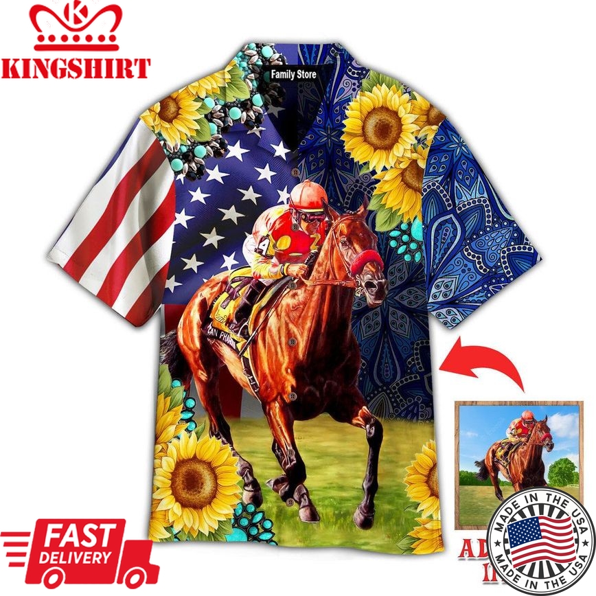 Horse Racing Sunflower Custom Photo Hawaiian Shirt