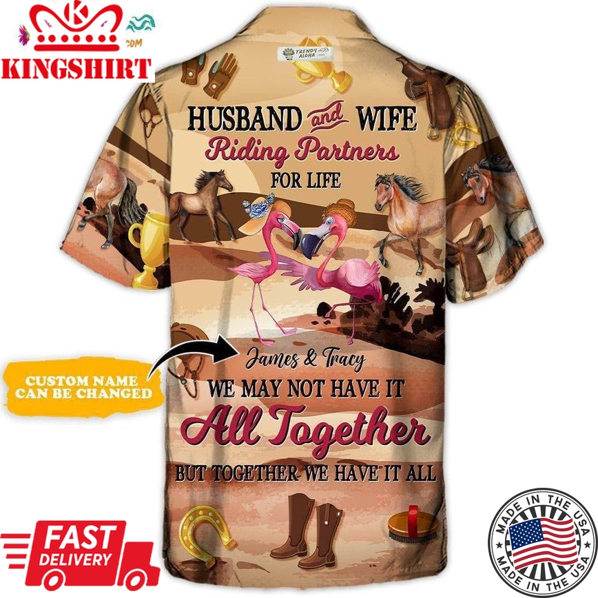 Horse Riding Flamingo Husband And Wife Riding Partners For Life Personalized - Hawaiian Shirt - Personalized Photo Gifts Hawaiian Shirt