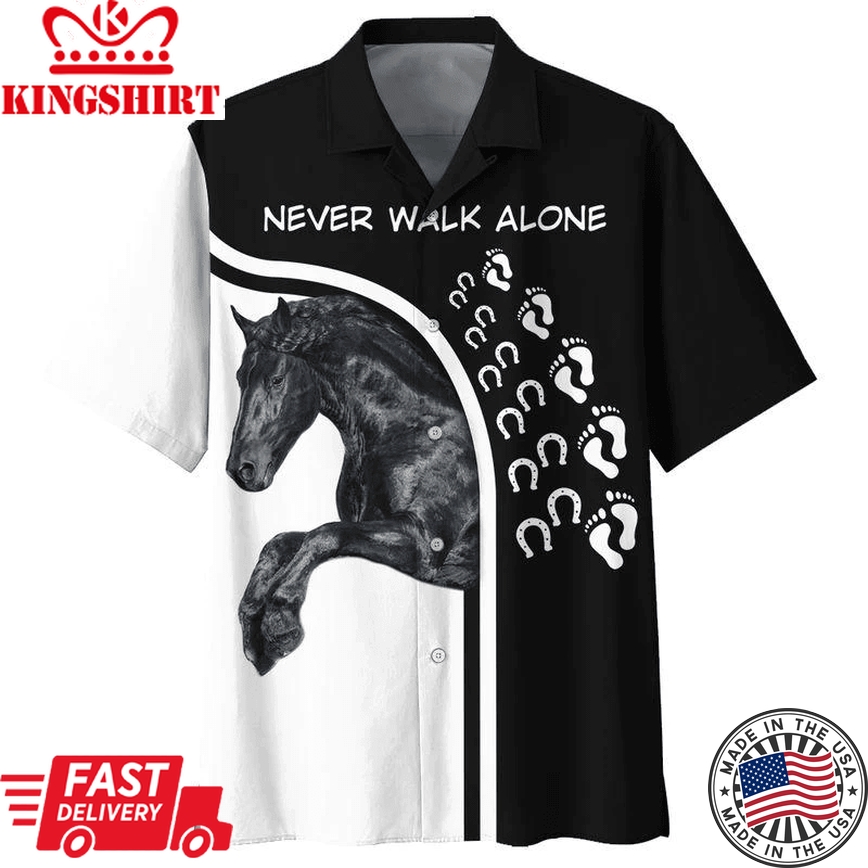 Horse Trendy Hawaiian Shirt Black Horse Never Walk Alone Horseshoes Footprints Black Hawaii Aloha Shirt