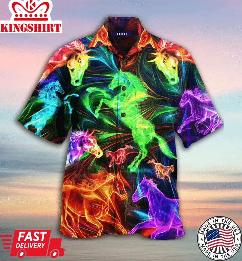 Horse Trendy Hawaiian Shirt Glowing Horse Multicolor Horse Lover Hawaii Aloha Shirt For Girls