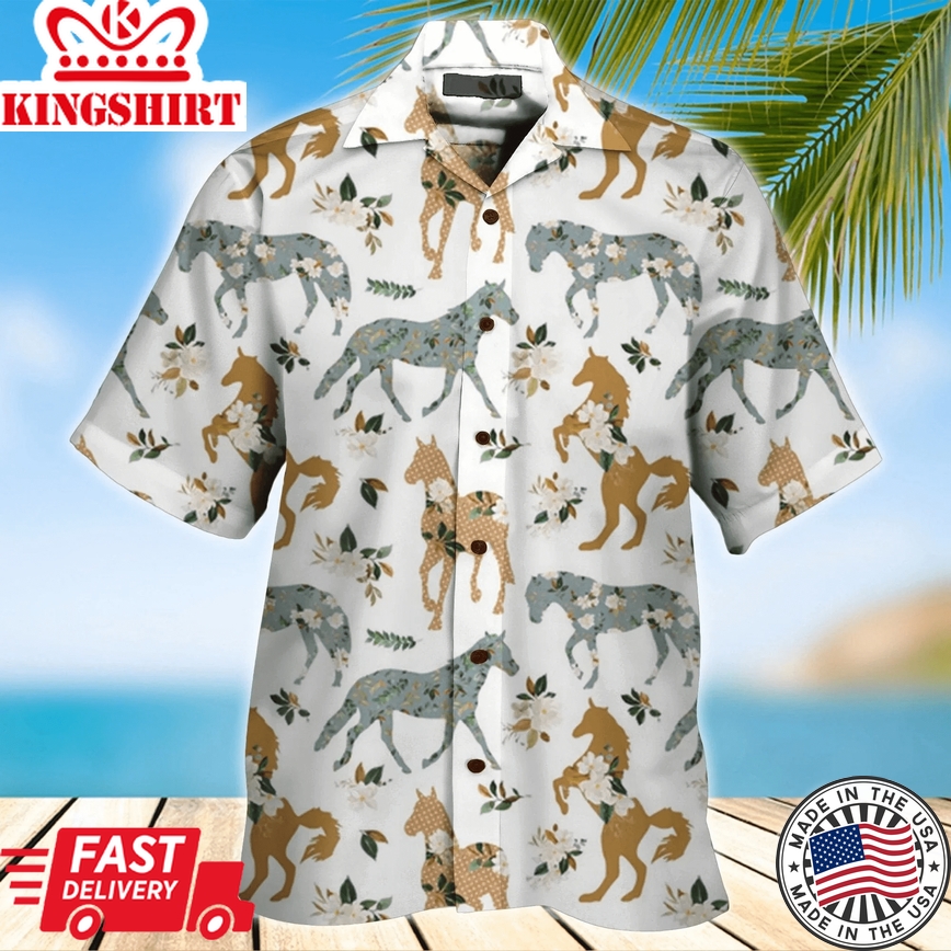 Horse Trendy Hawaiian Shirt Horse And Flower Pattern White Horse Lover Hawaii Aloha Shirt