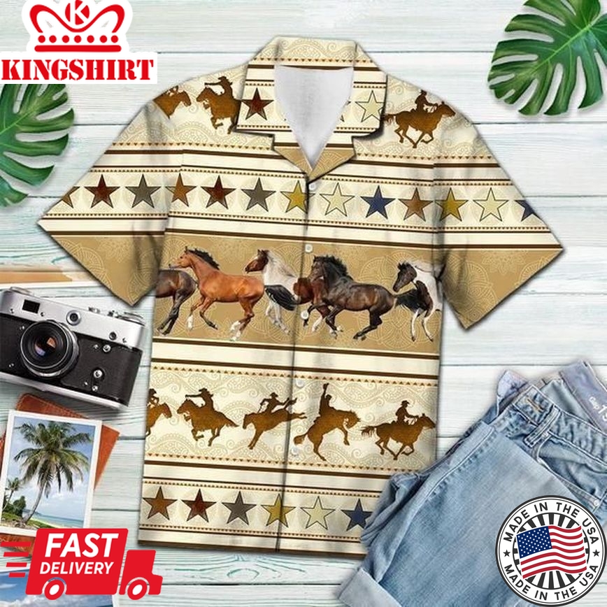 Horse Trendy Hawaiian Shirt Horse Herd Cowboy Pattern Horse Lover Hawaii Aloha Shirt