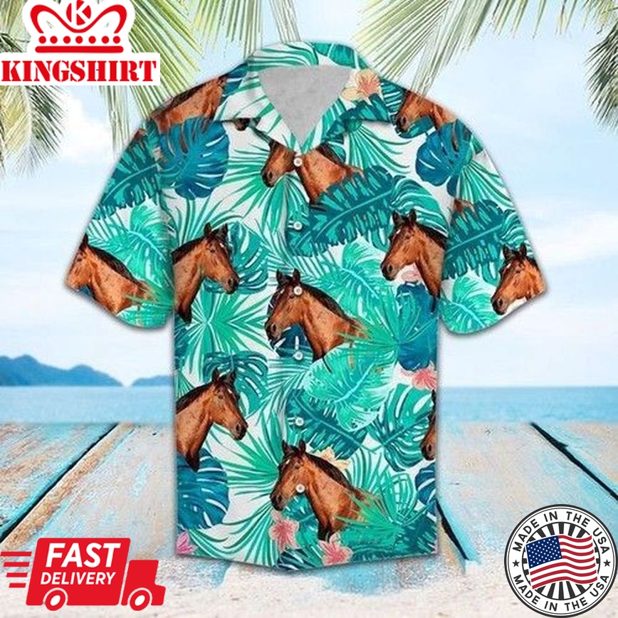 Horse Trendy Hawaiian Shirt Horse Tropical Pattern Green Horse Lover Hawaii Aloha Shirt