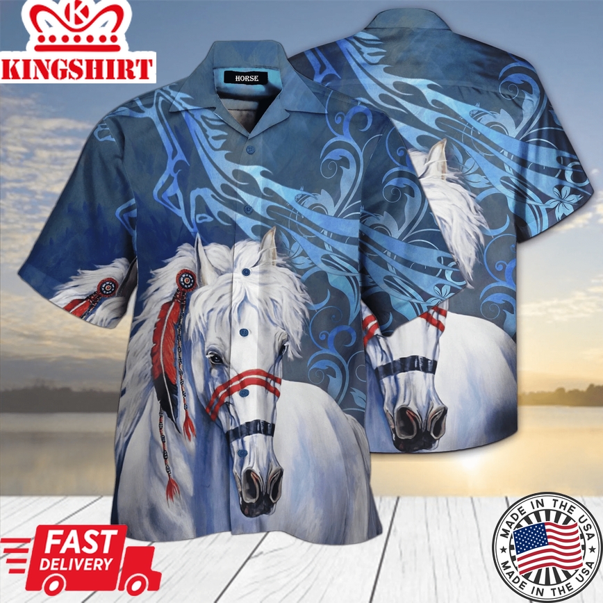 Horse Trendy Hawaiian Shirt Native American White Horse Blue Hawaii Shirt For Girls Horse Lover Aloha Shirt