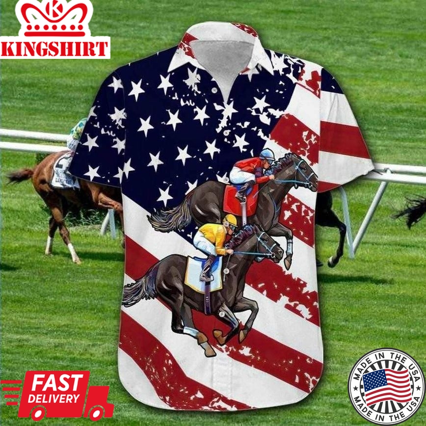 Horse Trendy Hawaiian Shirt Racing Horse American Flag Hawaii Aloha Shirt