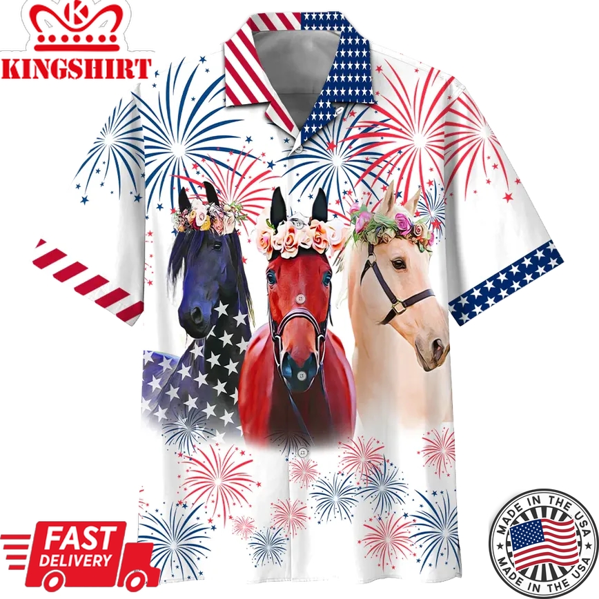 Horse Trendy Hawaiian Shirt Three Horses American Flag Fireworks Horse Lover Hawaii Aloha Shirt