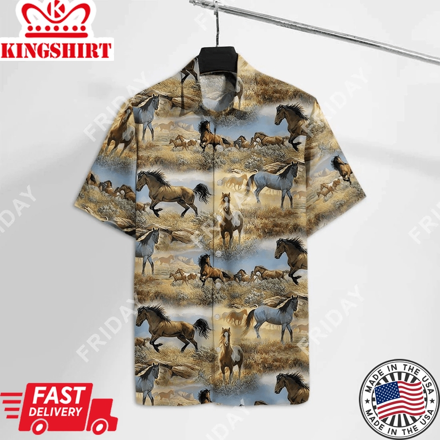 Horse Trendy Hawaiian Shirt Wild Horses Running Pattern Hawaii Tshirt