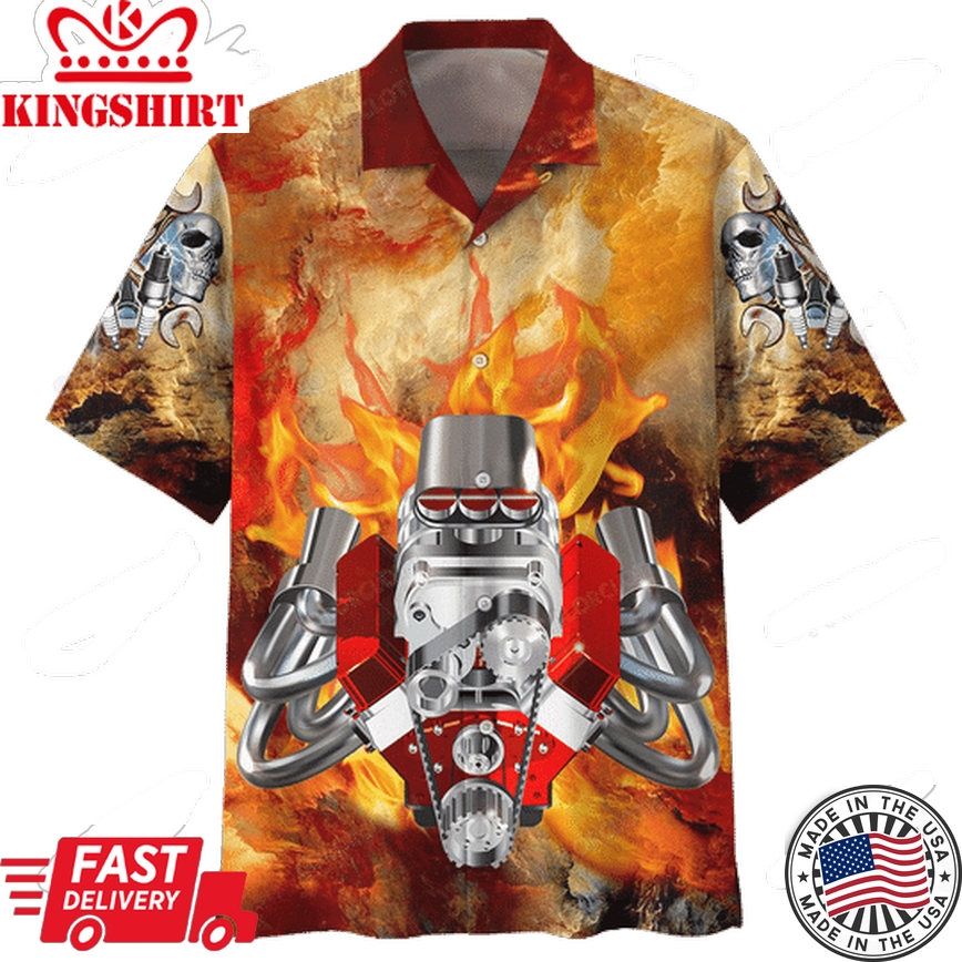 Hot Rod Hawaiian Shirt Firing Hot Rod Engine Red Brown Hawaii Aloha Shirt