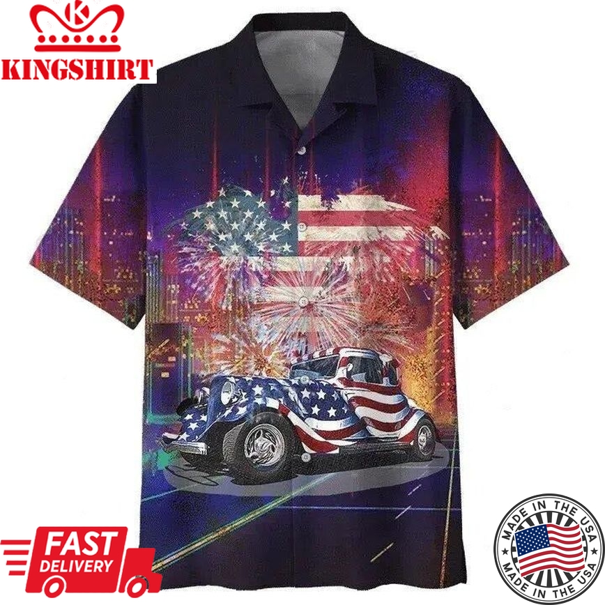 Hot Rod Hawaiian Shirt Hot Rod American Flag Fireworks Hawaii Aloha Shirt