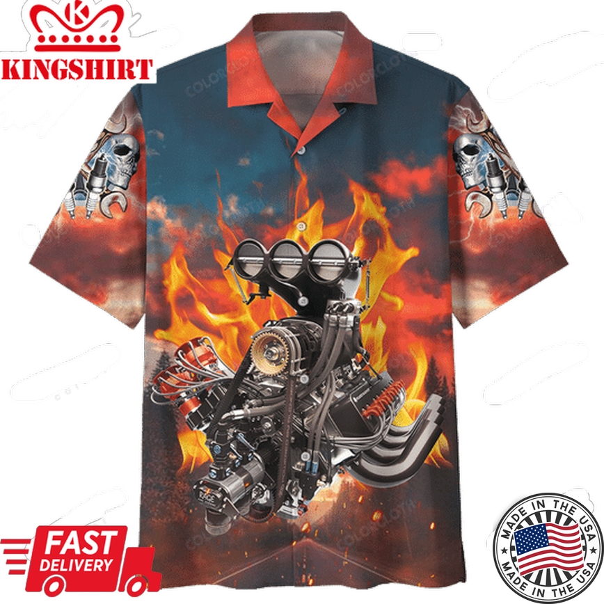 Hot Rod Hawaiian Shirt Hot Rod Engine Fire Red Blue Brown Hawaii Aloha Shirt