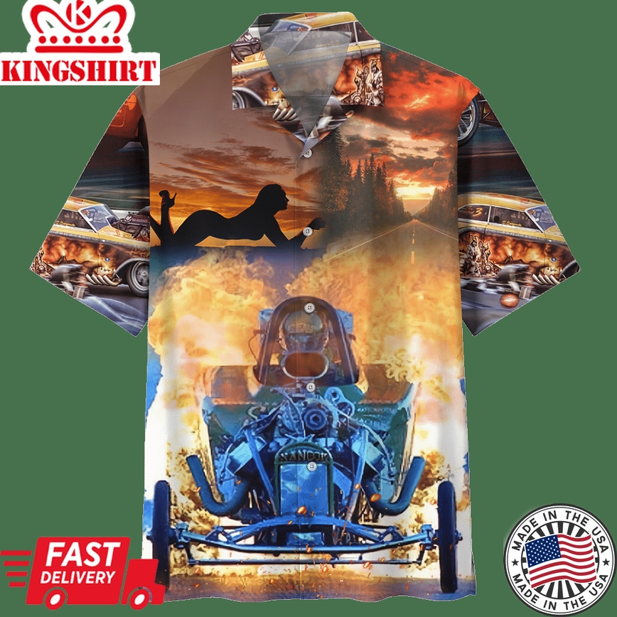 Hot Rod Hawaiian Shirt Hot Rod Girl Silhouette Fire Hawaii Aloha Shirt