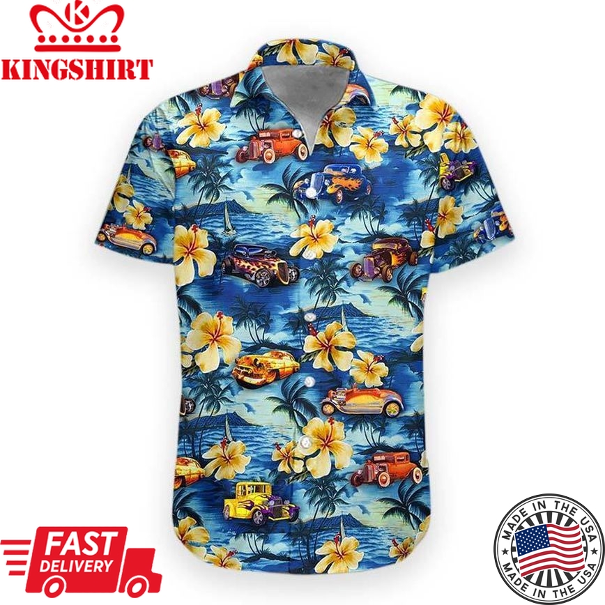 Hot Rod Hawaiian Shirt Hot Rod Hibiscus Tropical Blue Hawaii Aloha Shirt