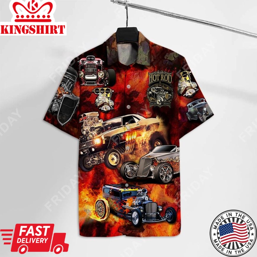 Hot Rod Hawaiian Shirt Hot Rod Vector Design Logo Burning Fire Hawaii Aloha Shirt