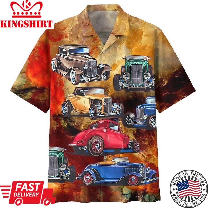 Hot Rod Hawaiian Shirt Vintage Car Hot Rod Brown Red Hawaii Aloha Shirt