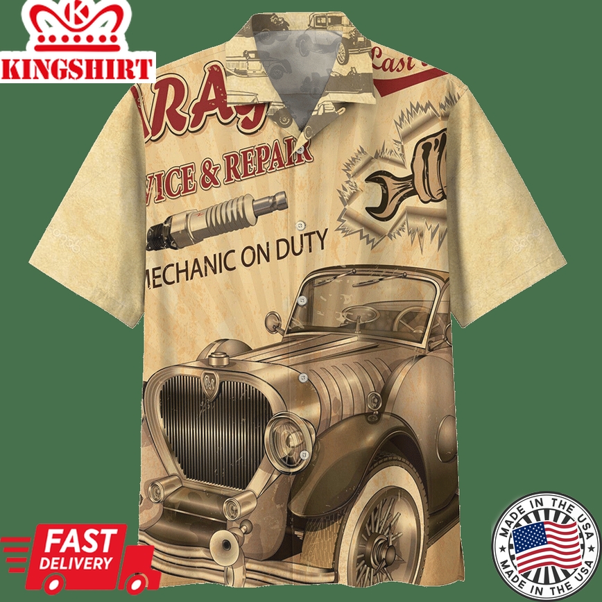 Hot Rod Hawaiian Shirt Vintage Hot Rod Service And Repair Mechanic On Duty Hawaii Aloha Shirt