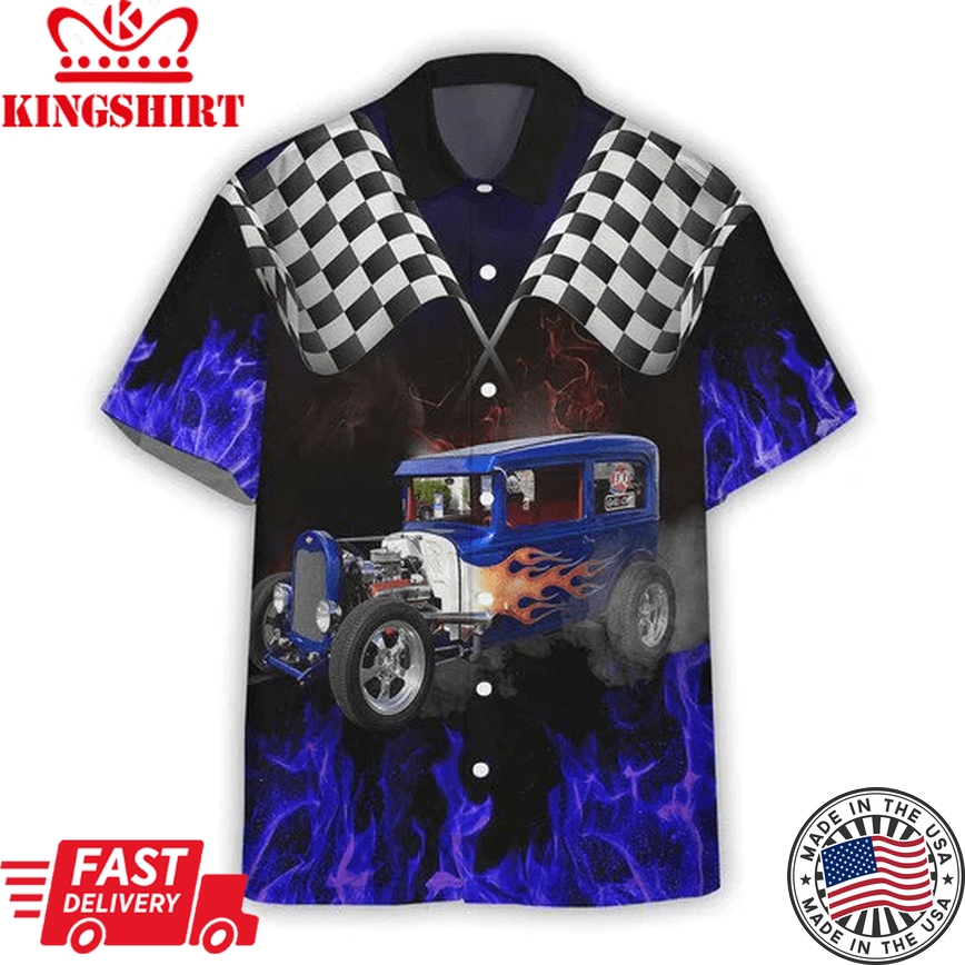 Hot Rod On Purple Blue Flame All Printed 3D Trendy Hawaiian Shirt