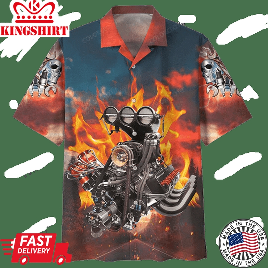 Hot Rod Trendy Hawaiian Shirt Hot Rod Engine Fire Red Blue Brown Hawaii Aloha Shirt